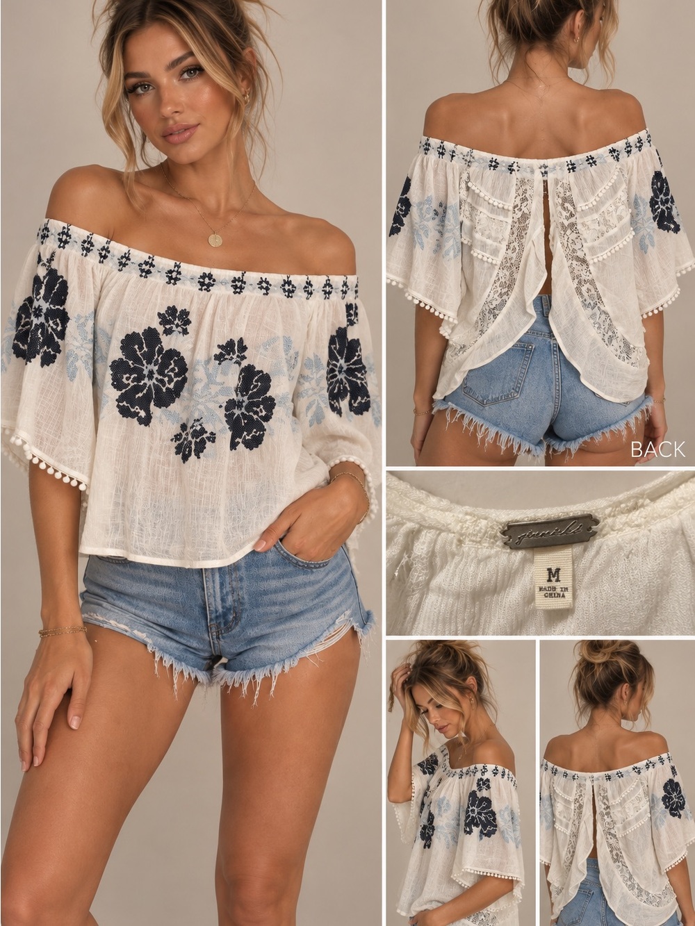gimmicks by BKE White Off-Shoulder Top with Navy Floral Embroidery
